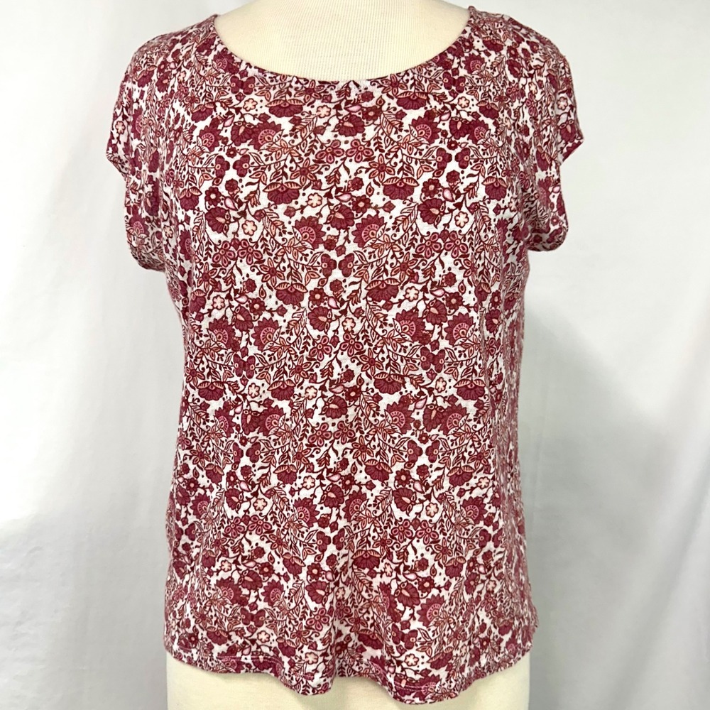 RACHEL ZOE 100% Linen Red Floral Button Back Relaxed Boxy Top Womens M Slub Knit